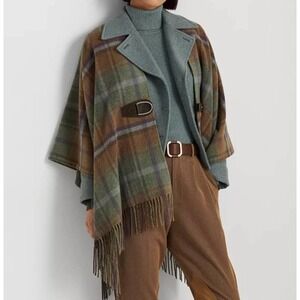Lauren Ralph Lauren Plaid Fringe Wool Blend Poncho Town & Country Heritage, OS